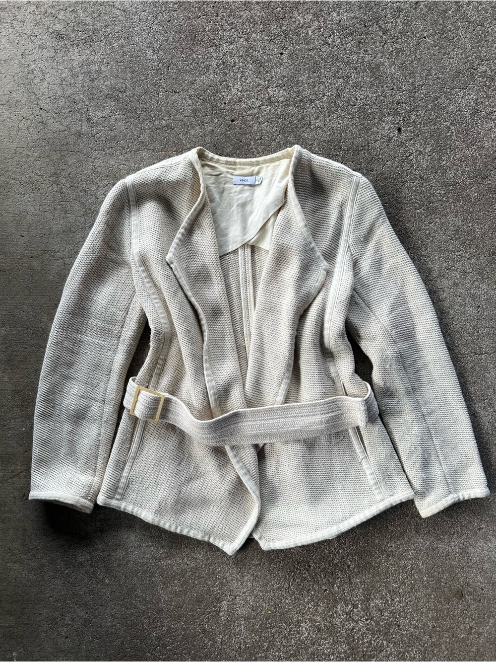 Vince Beige Waffle Knit Tie Waist Blazer Jacket